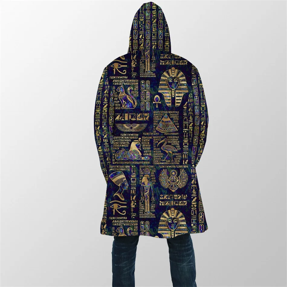 2021 Winter Mens Cloak Egyptian Hieroglyphs And Deities 3D Printing Fleece Hooded Coat Unisex Casual Thick Warm Cape coat PF40