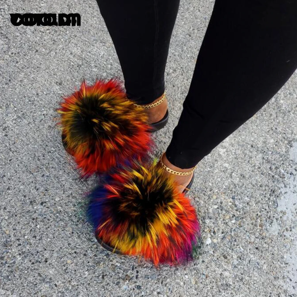 Fluffy Raccoon Fur Slippers Shoes Women Fur Flip Flop Flat Furry Fur Slides Outdoor Sandals Fuzzy Slippers Woman Amazing Shoes