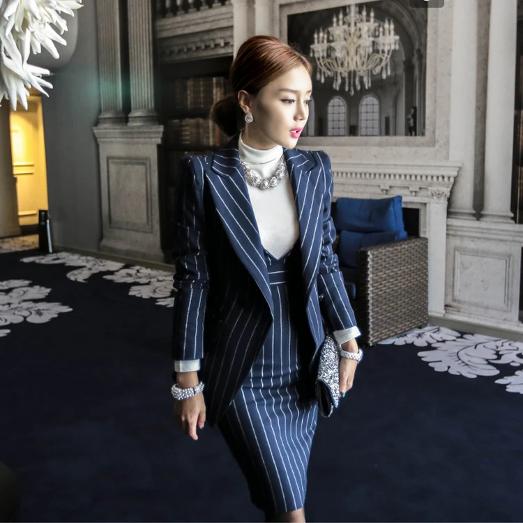 women\'s suits office  autumn winter Striped fashion business 2 piece suit skirt top women\'s suit with a skirt blazer set ladies