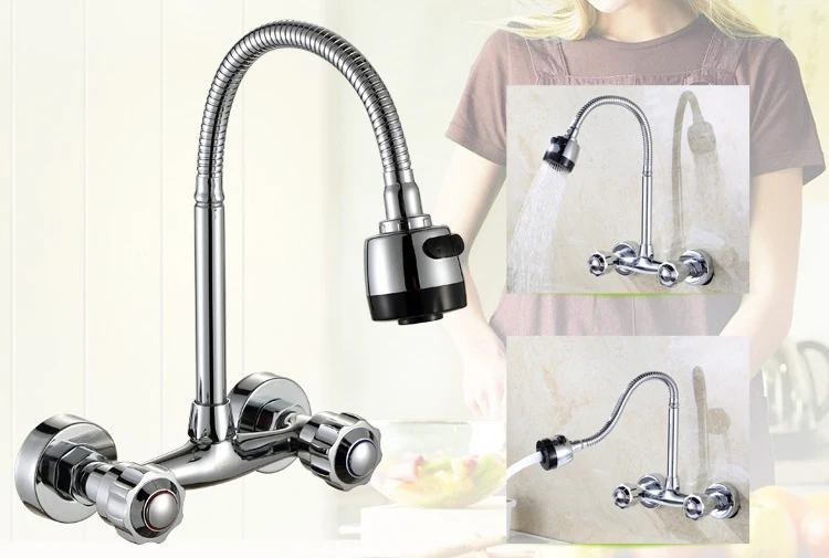 Vidric Wall Mounted Kitchen Faucet  Hot and Cold Water Mixer Crane Two Hole Kitchen Sink Faucets Copper  Chrome Finished