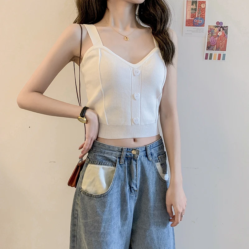 Pearl Diary Women Knitted Strappy Crop Tops Summer Sleeveless Buttons Front  Slim Fit Cropped Length Casual Cute Camis Tops