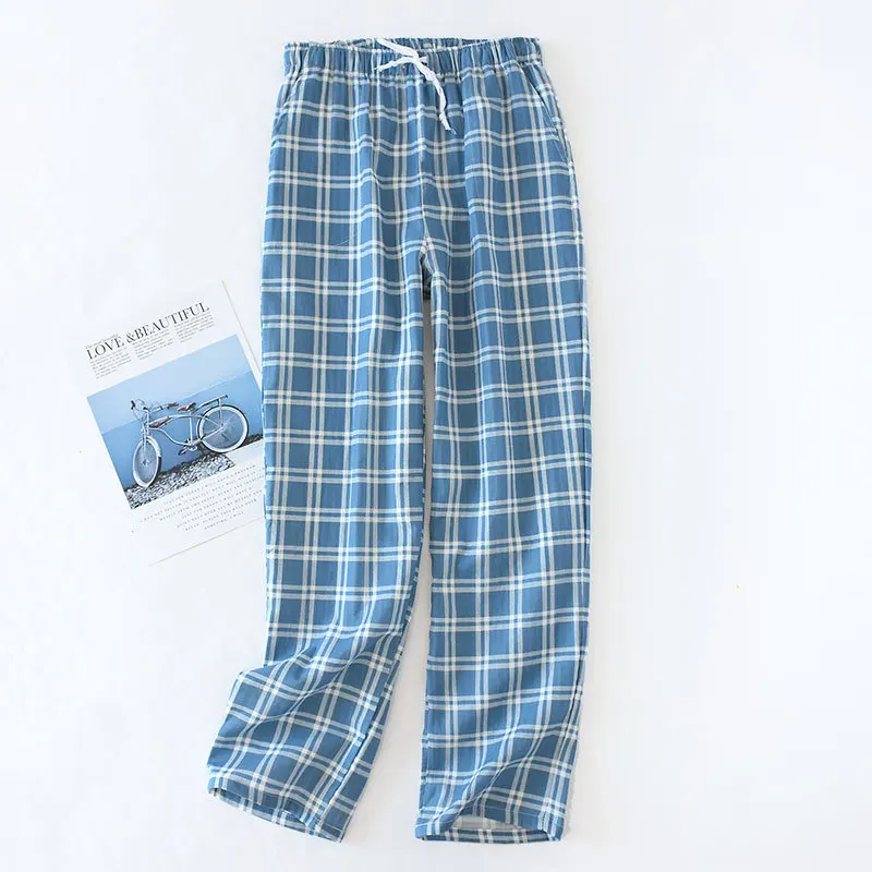 Men\'s Cotton Gauze Trousers Plaid Knitted Sleep Pants Mens Pajamas Pants Bottoms Sleepwear Pajama Short for Men Pijama Hombre