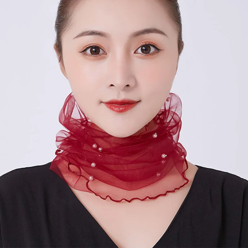 Korean Women's Mesh Elastic False Collars Neck Protective Sleeves Headwear Bib Summer Lace Pearl Thin Sunscreen Scarf P55