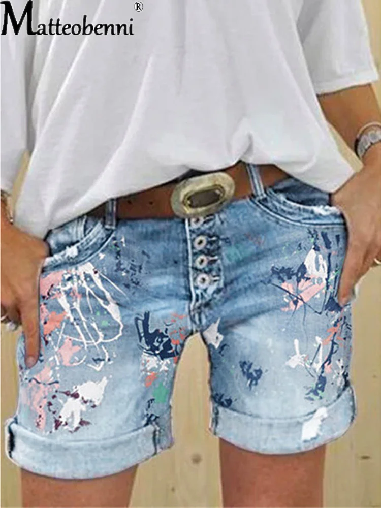 2025 weibliche Casual Böden Harajuku Vintage Streetwear Sommer Neue Tasten Frauen Denim Shorts Gewaschen Blume Drucken Jeans – Detail 3