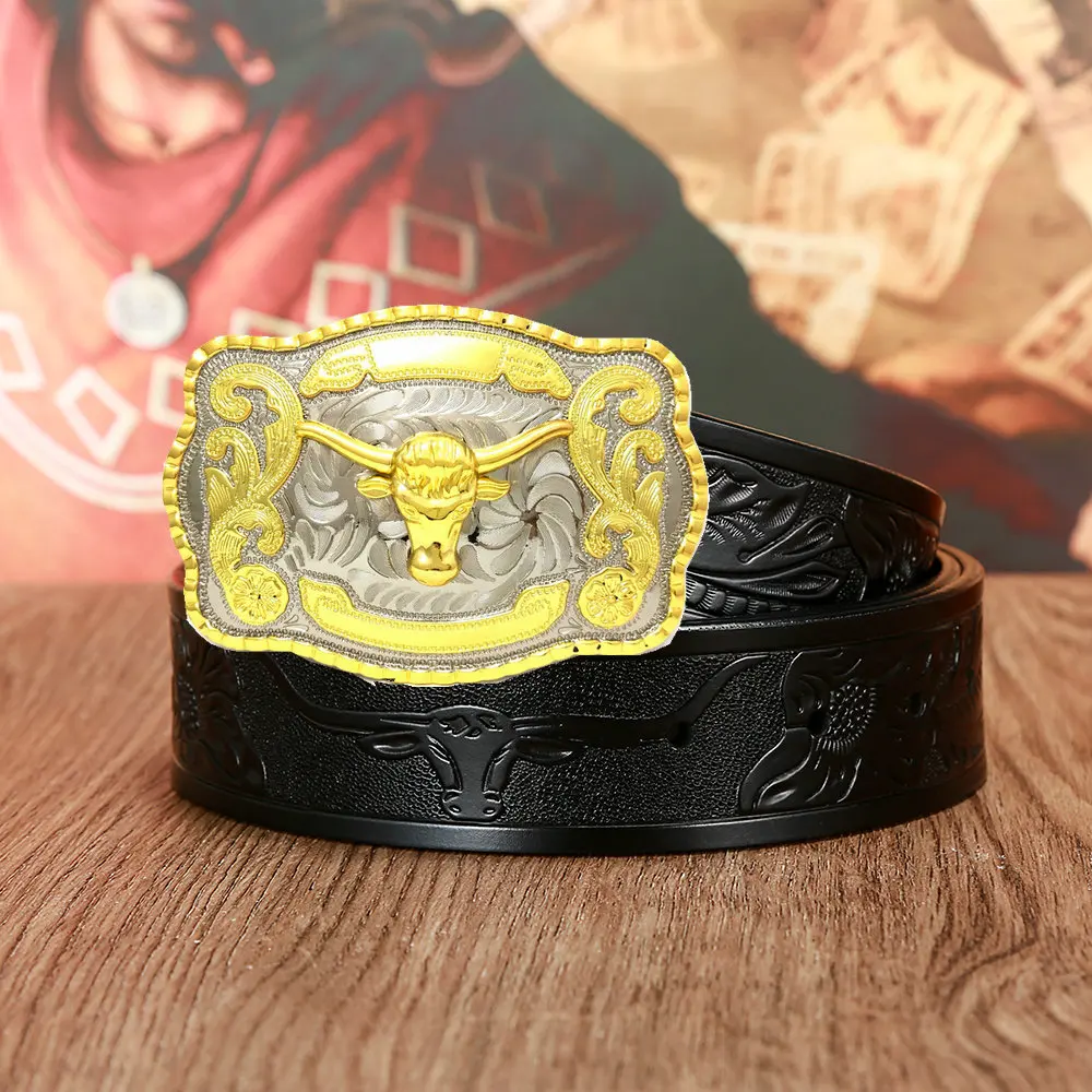 Western cowboy leather belt zinc alloy fighting bull head attitude buckle men's birthday party gift