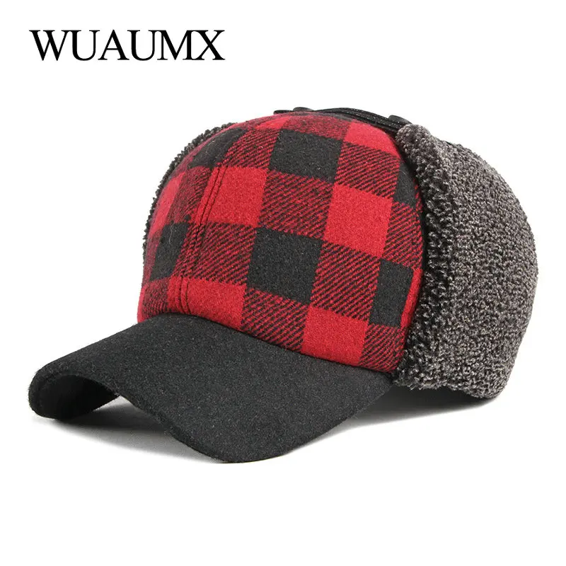 Winter Bomber Hats Men Thicken Russian Trapper Hat Earflap Baseball cap Red Black Plaid Windproof Bomber Hat For Women