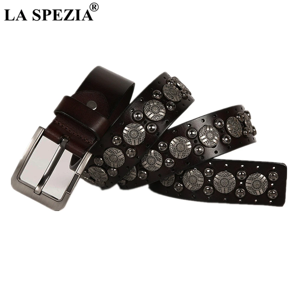 LA SPEZIA Punk Rock Belts for Men Real Patent Leather Steampunk Accessories Buckle Belts Male Rivet Black Waist Belt