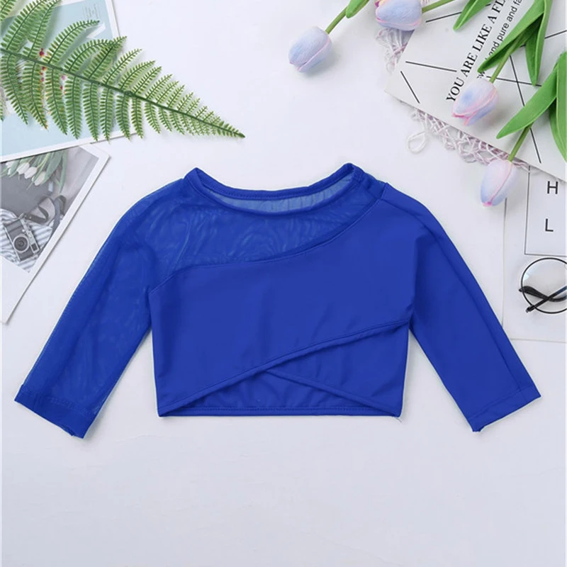 Kids Girls Asymmetrical 3/4 Sleeves Gymnastics Crop Top for Ballet Dance Wear Stage Performance Dancewear Gym Workout Crop Top