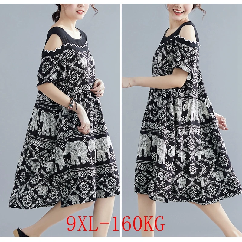 

Women's Round Neck Loose Off Shoulder Wave Print Casual Dress, Large Size, Summer Fashion, New, 148cm,