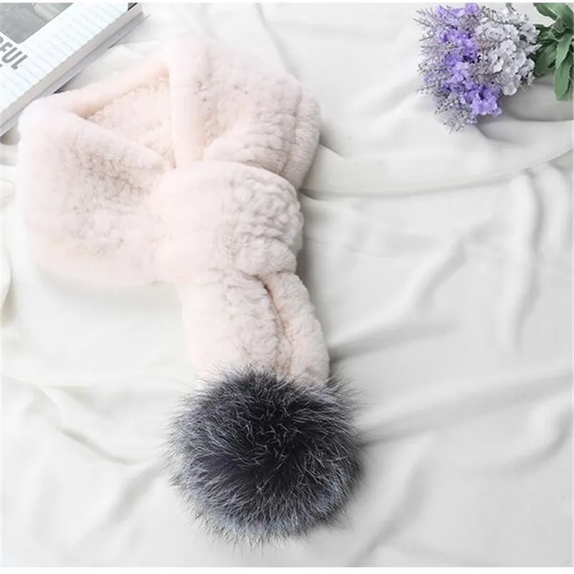 Winter Korean Version Of Mao Mao Scarf Real Rex Rabbit Fur Knitted Women Fall Collar  with Gray Genuine Silver Fox Pompom Q3