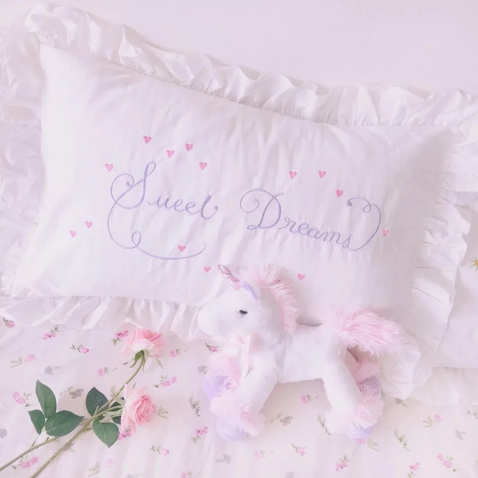 Cartoon Pig Pink Heart Pillow Case White Cotton Embroidered Pillowcase With Ruffle Home Bedroom Girls Cute Bedding Decor