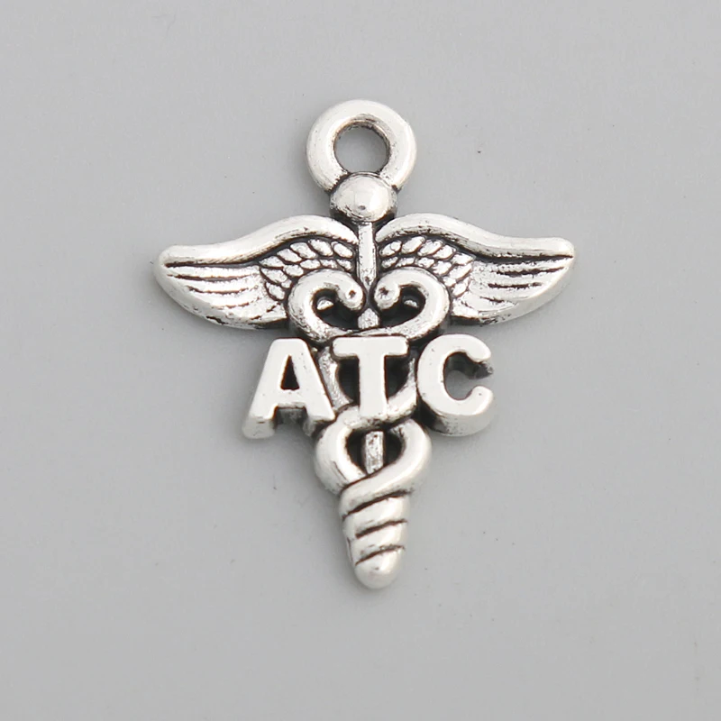 RAINXTAR Fashion Alloy Caduceus Medical Certified Athletic Trainer ATC Charms 19*23mm 50pcs AAC1026