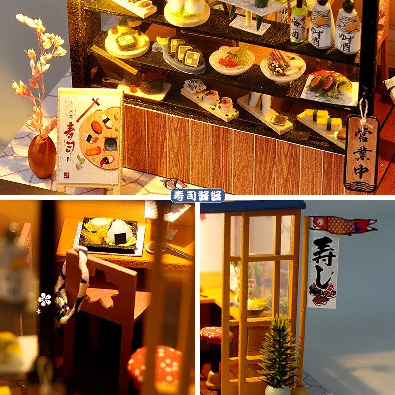 DIY Holz Puppenhaus Montiert Sushi Dessert-Shop Miniatur mit Möbel Puppe Haus Casa Spielzeug für Kinder Erwachsene Geschenke