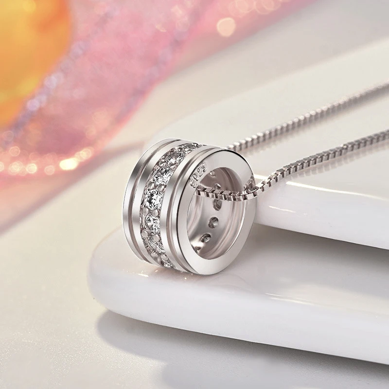 New Fashion 925 Sterling Silver Rotatable Round Zircon Pendant Neckalces Women Jewelry Elegant Rose Gold Chain Rhinestone Choker