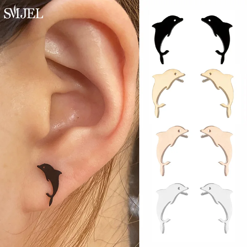 Pendientes de acero inoxidable con diseño de animales de dibujos animados para mujer y niña, aretes pequeños de delfín con cola, a la moda