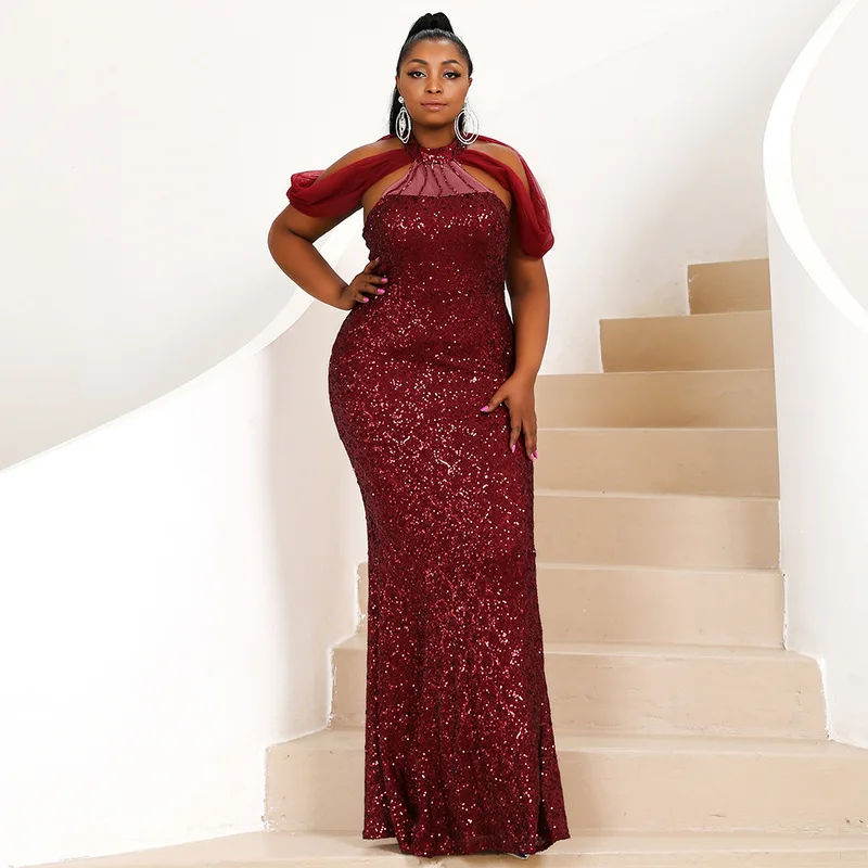 

Burgundy Plus Size Evening Dresses African Mermaid Halter Sequins Beaded Long Turkey Dubai Saudi Arabic Evening Gown Prom Dress