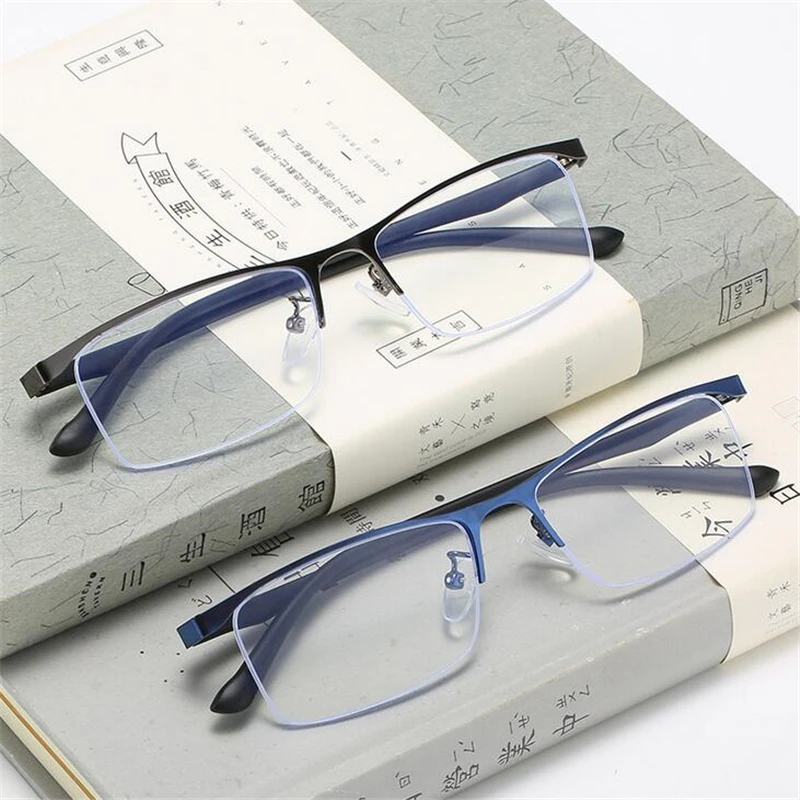 Half Frame Square Myopia Glasses Finished Metal Anti-blue Light Prescription Eyeglasses Diopter 0 -0.5 -1.0 -1.5 To -6.0