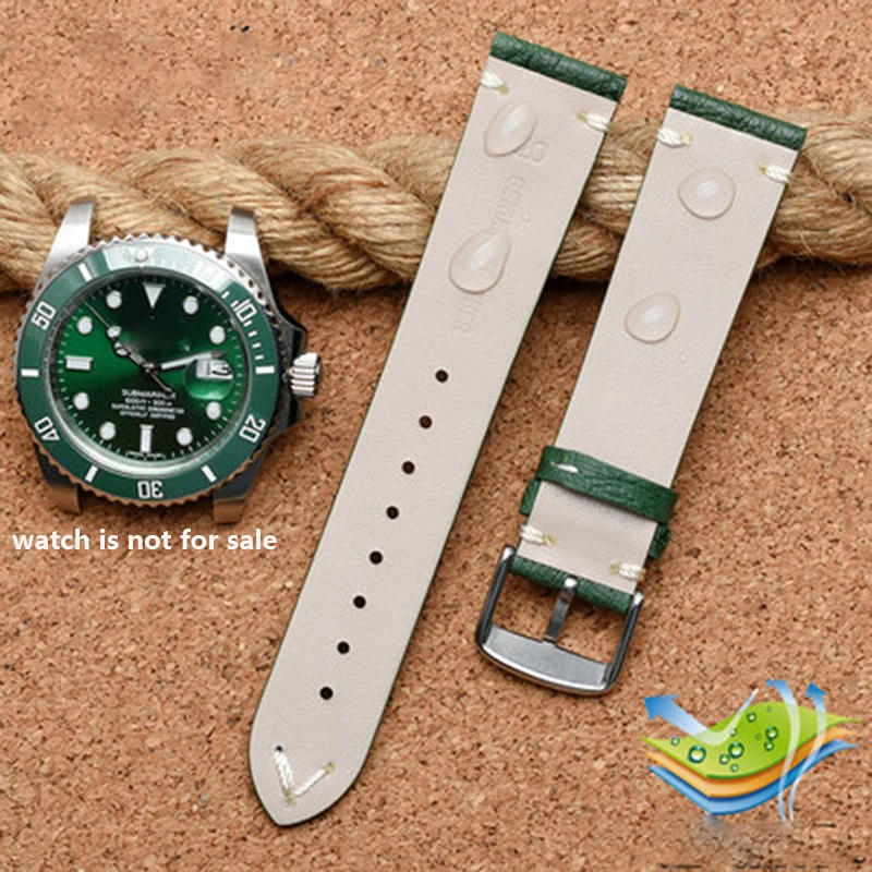 Ultra-thin soft handmade ostrich leather black and green watch strap for water ghost 18 20 22m watch straps