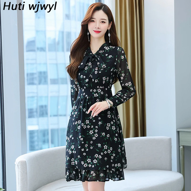 2024 Black V-Neck Sexy Party Midi Vestido Women Korean Floral Chiffon Casual Beach Dress Women Elegant Bodyocn Long Sleeve Dress