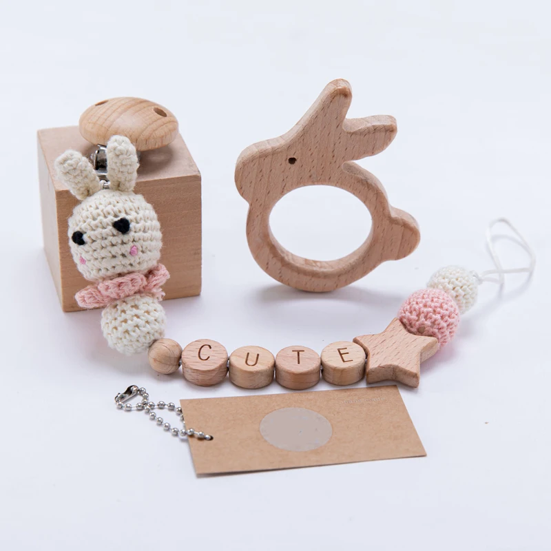 NEW 1PC Baby Wooden Pacifier Chain Clip Customizable Silicone Wooden Teether Bpa Free Personalized Baby Wooden Teething Ring Toy