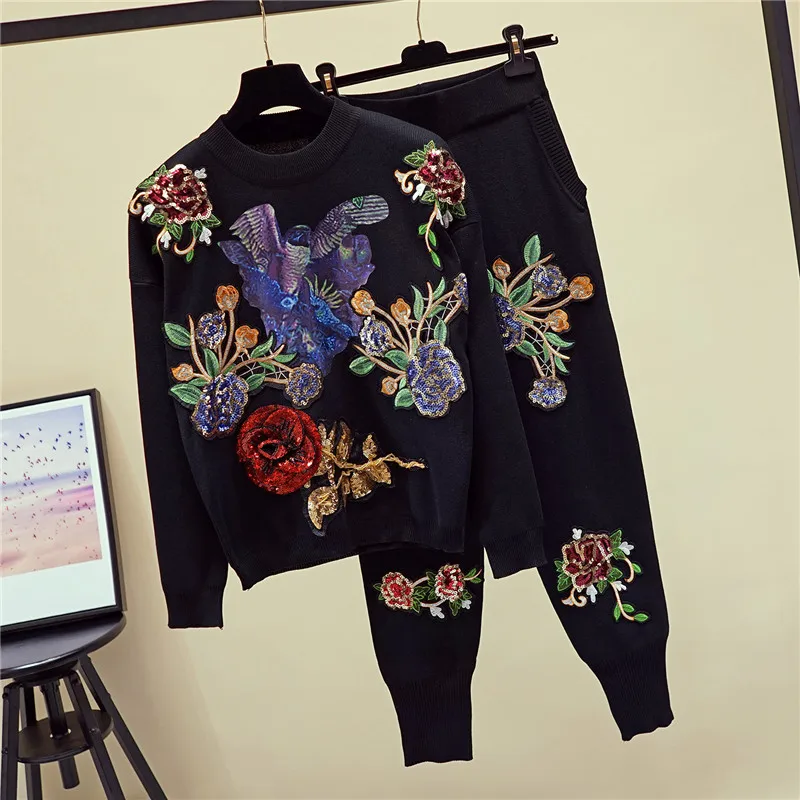 Autumn Black Knitted Set Women Manual Sequins Flowers Knit Sweater Pencil Pants Two Piece Outfits Female Loose Casual Suit 2pc