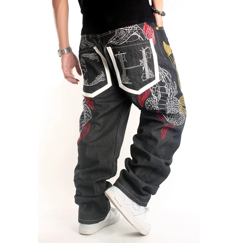 

Men High Street Embroidered Black Retro Jeans Pants Men Hip Hop Straight Jeans Oversize Straight Casual Denim Trousers