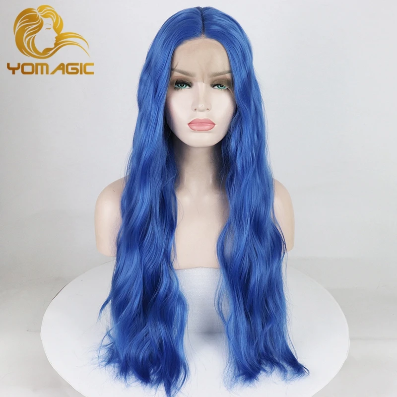 Yomagic Blauwe Kleur Synthetisch Haar Lace Front Pruiken Met Natuurlijke Haarlijn Body Wave Warmte Resisitant Fiber Lijmloze Kant Pruik