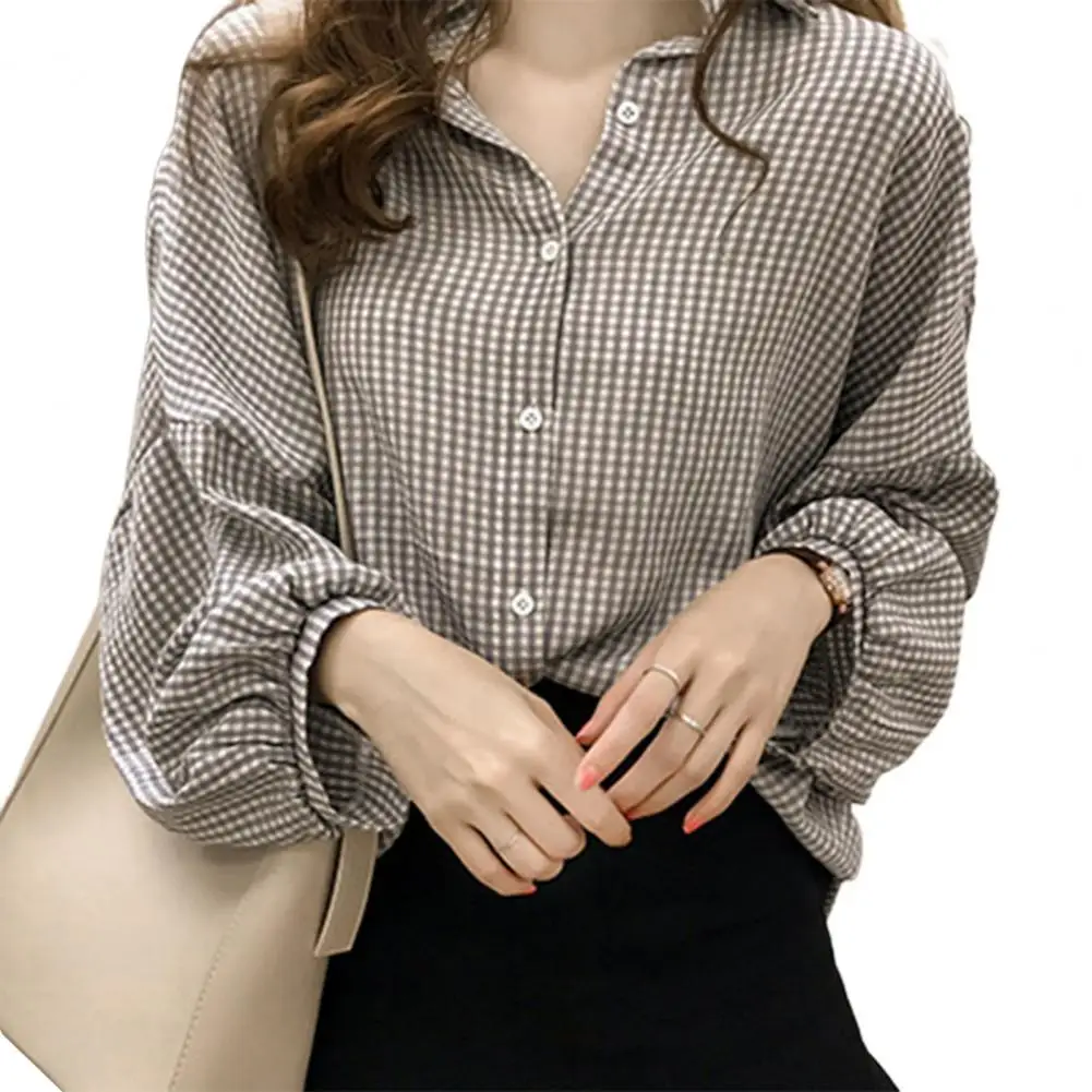 Blouse Women Long Sleeves Loose Female Shirts Lantern Sleeves Plaid Shirt Top Office Lady Blouses Blusas