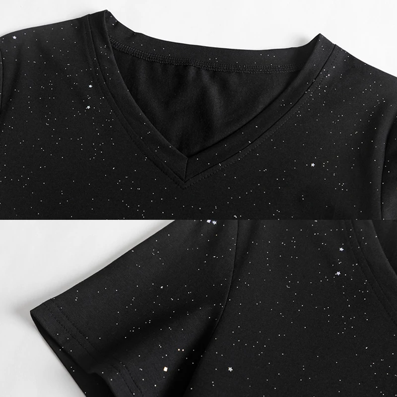 Sequins Shiny V-Neck T Shirt Women Tshirt Short Sleeve T-Shirts Summer Tops Korean Style Woman Clothes Tee Shirt Femme Camisetas