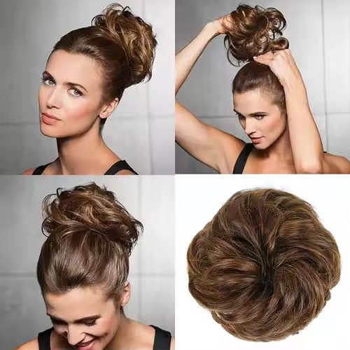 Azqueen Synthetic Messy Bun Chignon Donut Gary Brown Color Hair Bun Pad Elastic Hair Rope Rubber Band Hair Extensions - Image 2