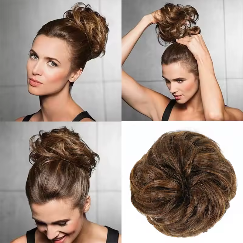 Azqueen Synthetic Messy Bun Chignon Donut Gary Brown Color Hair Bun Pad Elastic Hair Rope Rubber Band Hair Extensions - Image 2