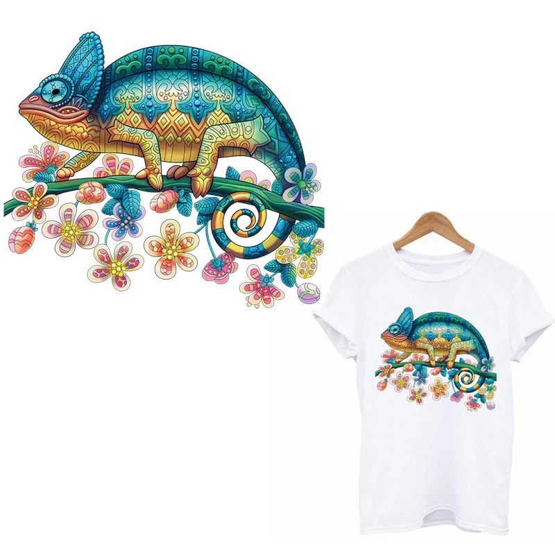 Colorful Chameleon Applique Stickers Iron On Transfer For Clothing Cartoon Animal Thermo-stickers On Clothes T-shirt Stripe DIY