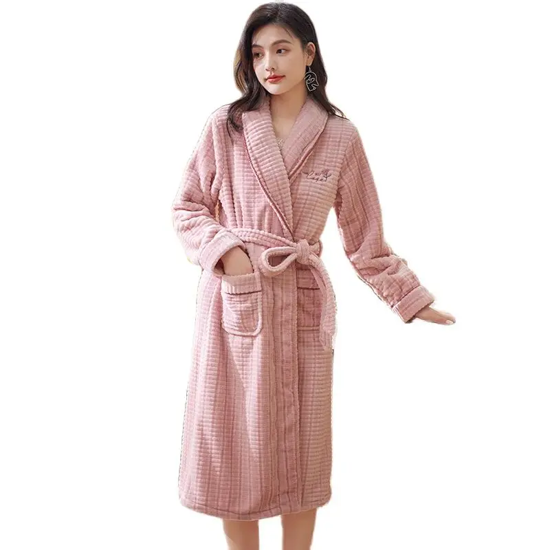 Women Winter Plush Lengthened Shawl Bathrobe Home Clothes Long Sleeved Robe Coat Female Thick Coral Fleece Elegant Dressing Gown