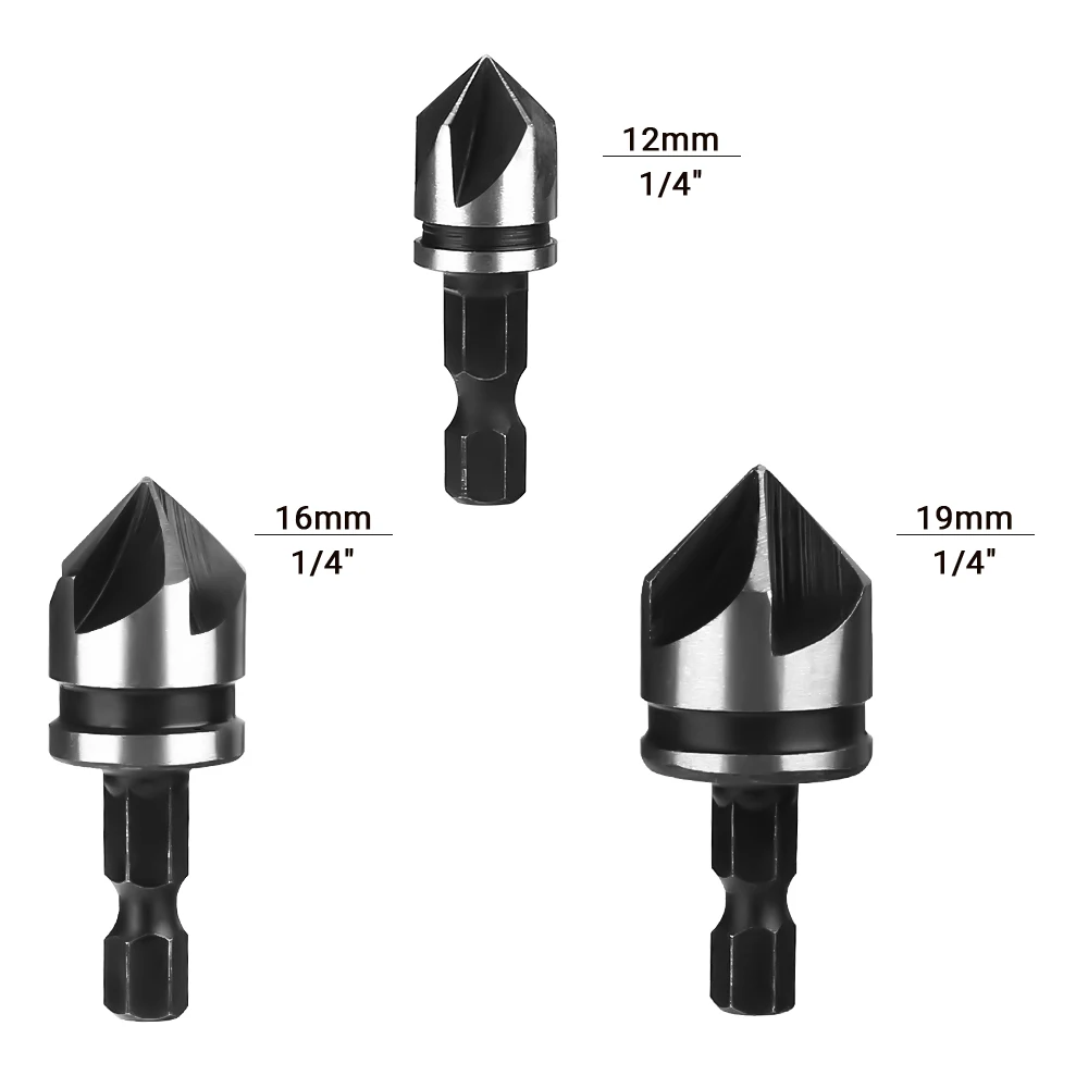 3pcs 12-16-19mm Hex Countersink Boring Set for Wood Metal Quick Change Drill Bit Tools 3pcs Shank Carbon Steel