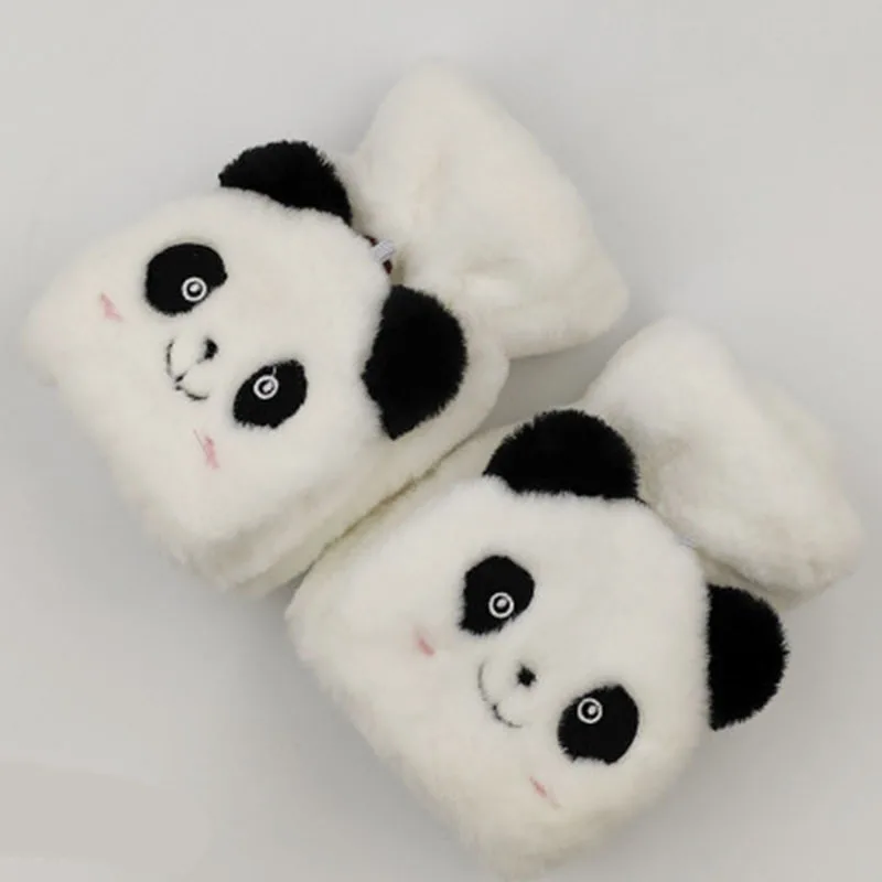 Women Cute Cartoon Bear Panda Half Finger Flap Wool Knit Mitten Winter Female Thicken Plush Cashmere Warm Touch Screen Glove E21