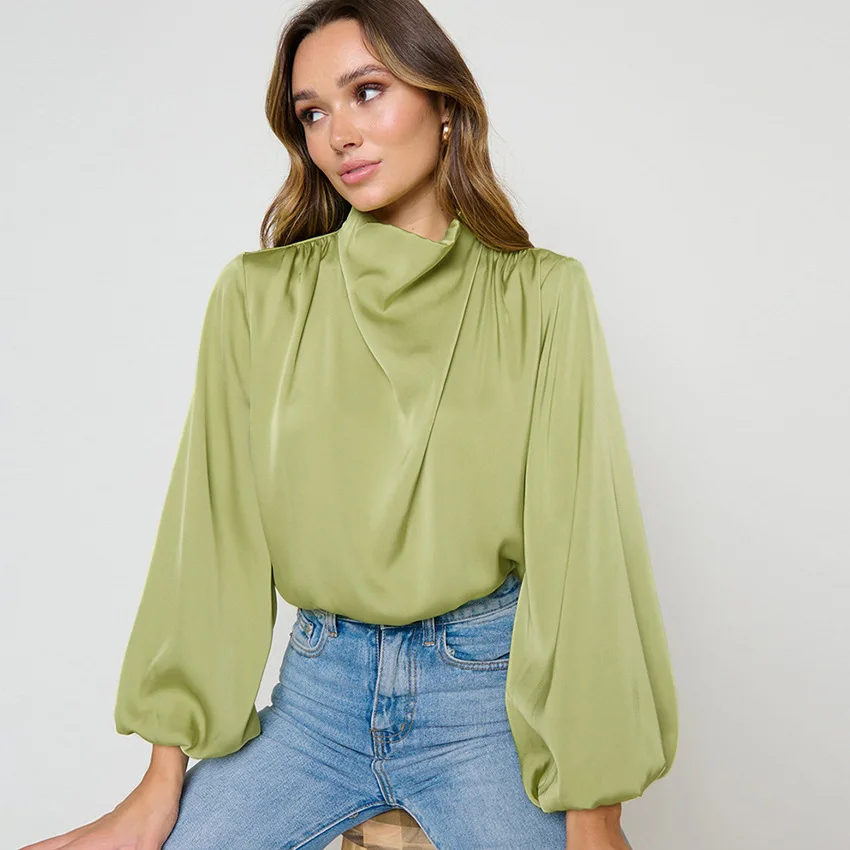 

Women Blouse 2022 New Spring Office Lady Solid Puff Sleeve Turtleneck Chiffon Euro-America Style Long Sleeve Top Women