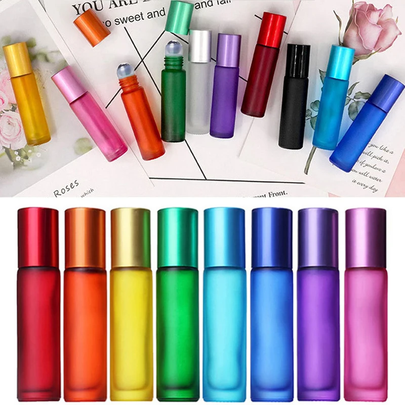 

10pcs 10ml Portable Frosted Colorful Thick Glass Roller Essential Oil Perfume Bottles Travel Refillable Rollerball Bottle