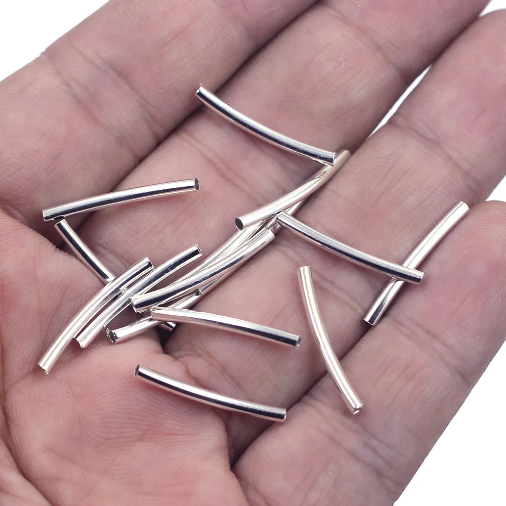 50Pcs Spacer Beads Tube Curved Smooth Copper Silver Plated DIY Necklaces Jewelry Making Accessories 2x20mm