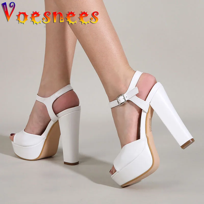 Voesnees Women Sandals 2021 Fashion Waterproof Platform 13CM Thick Heel Shoes Concise Buckle Strap Model Womens Sexy High Heels