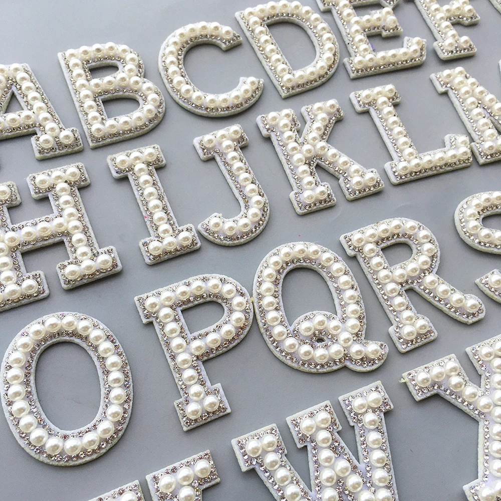 26Pcs 3D White Bottom Pearl Letter Patches English Alphabet Rhinestone  Applique for Clothes Iron on Stripe Badge DIY Name