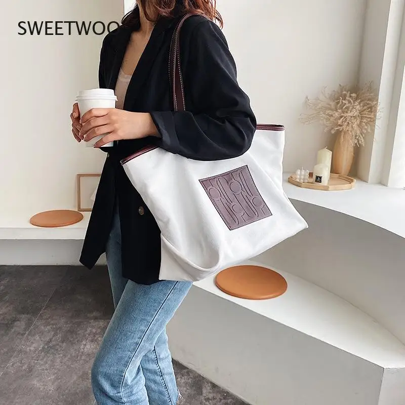 Women Canvas Tote Bag Single Shoulder Duffel Bag Simple Big Color Fashion Match Everything New 2021