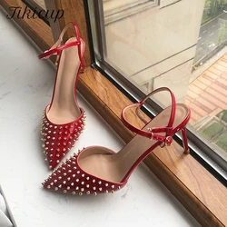 Tikicup Metal Spikes Summer Women Red Pointy Toe High Heel Slingbacks Pumps Ankle Strap Sexy Ladies Stilettos Shoes Customize