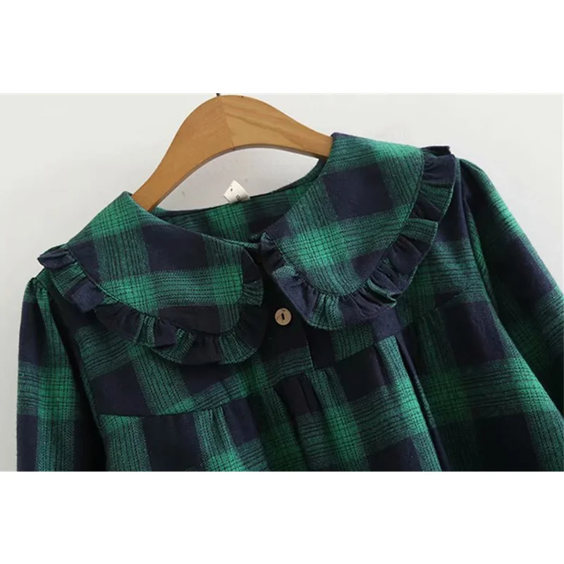 Kawaii Frilly Peter pan Collar Long Sleeve Blouse Women Spring Autumn Teen Girls Babydoll Tops Cotton Plaid Shirt chemisier