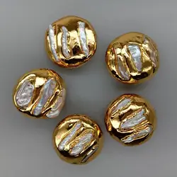 Wholesale 5 pcs Freshwater Cultured White Biwa Pearl Beads Gold Plated Coin Bead