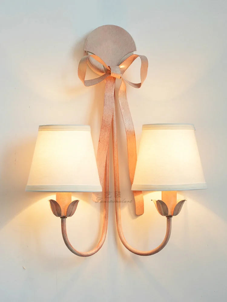 

Princess Pink Ribbon Wall lamp fixtures Girl Bedroom Bow wall lights Aisle Light Cloth lampshade Bedside Lamp Study wall sconces