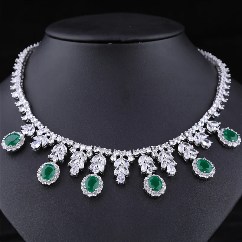 HUAMI Luxury Jewelry Women Bridal Wedding Costume Elegant Girl Trendy Green Color Water Drop Earring Pendant Necklace Set Gift