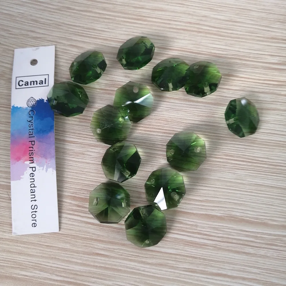 Camal 20pcs Grass Green 14mm Crystal Octagonal Loose Bead Two Holes Prisms Chandelier Lamp Parts Wedding Centerpiece Hanging