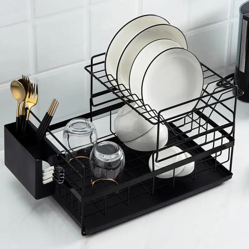 Double Layer Dish Rack with Drainboard Drainer Drying Kitchen Light Duty Countertop Utensil Organizer Storage for Home