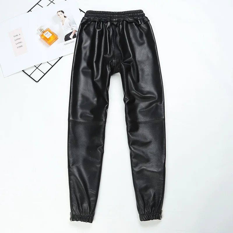 Real leather pants striped stitching elastic waist Genuine sheep Leather pants female was thin leather pants with pockets F2158