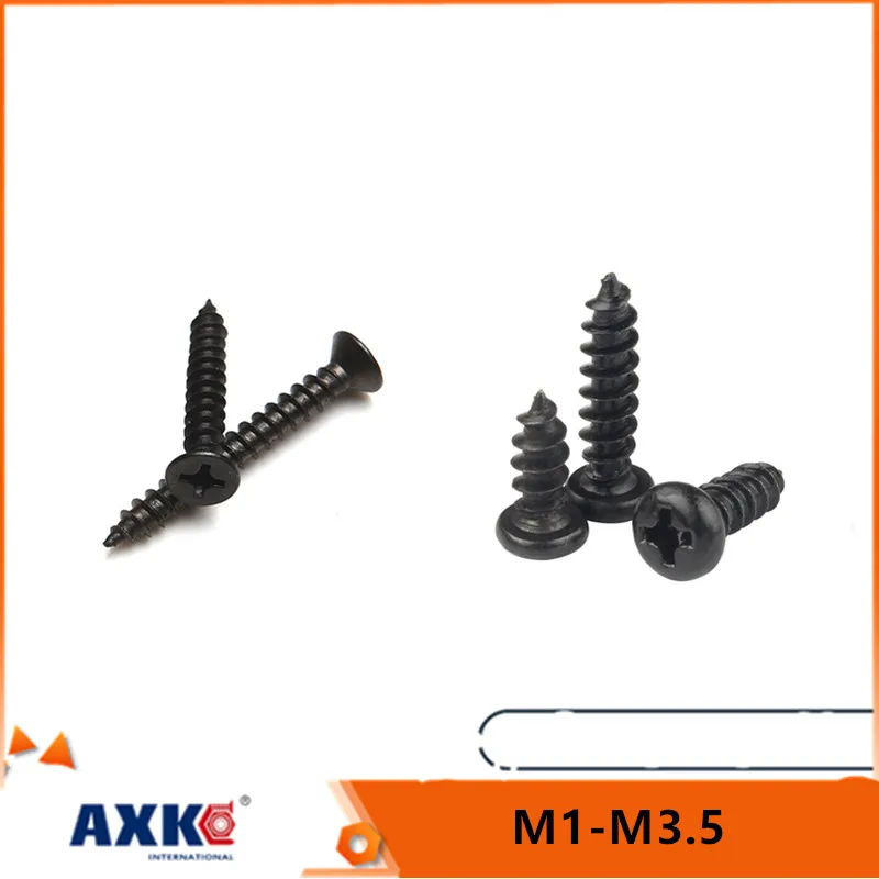 100pc M1 M1.2 M1.4 M1.7 M2 M2.6 M3 M3.5 Black Steel Small Phillips Flat Countersunk Cross Round Pan Head Self-tapping Wood Screw